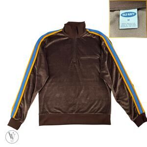 Men’s Y2K Vintage Old Navy Brown Velour 1/4 Zip Track Jacket Size M Arm Stripe